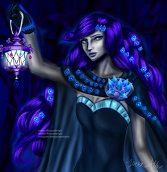 Size: 1993x2048 | Tagged: safe, artist:tessastarlight, derpibooru import, rarity, human, better together, equestria girls, g4, the other side, abstract background, breasts, bust, cape, cloak, clothes, gloves, lantern, sleeveless, solo, strapless, unitard