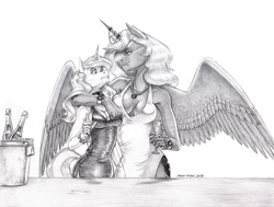 Size: 1500x1135 | Tagged: safe, artist:baron engel, derpibooru import, fleur-de-lis, princess luna, alicorn, anthro, unicorn, g4, black dress, bottle, breasts, clothes, dress, female, fleur-de-seins, glass, horn, mare, monochrome, pencil drawing, princess balloona, traditional art, wine bottle, wine glass