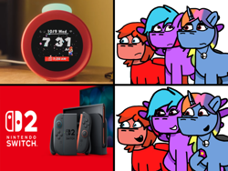 Size: 1240x930 | Tagged: safe, artist:josephthedumbimpostor, derpibooru import, oc, oc:diane deluxe, oc:maria meltdown, oc:selena smash, alarm clock, clock, meme, nintendo, nintendo switch, super mario