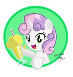 Size: 2000x2105 | Tagged: safe, artist:danmakuman, derpibooru import, part of a set, sweetie belle, pony, unicorn, g4, cute, diasweetes, female, filly, foal, food, hoof hold, horn, ice cream, milkshake, open mouth, simple background, smiling, solo, transparent background