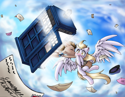 Size: 6552x5084 | Tagged: safe, artist:doodle song, artist:midnameowfries, derpibooru import, derpy hooves, doctor whooves, pegasus, pony, g4, blushing, crying, cute, digital art, doctor who, doctorderpy, female, flying, happy, kissing, letter, love letter, mailmare, male, mare, nuzzling, shipping, spread wings, straight, tardis, tears of joy, the doctor, wide eyes, wings