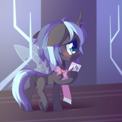 Size: 2500x2500 | Tagged: safe, artist:riouku, derpibooru import, shining armor, oc, oc only, changeling, changepony, hybrid, g4, blue changeling, blushing, crying, cute, cuteling, ears, featureless crotch, female, floppy ears, interspecies offspring, mare, offspring, parent:queen chrysalis, parent:shining armor, parents:shining chrysalis, photo, solo, underhoof