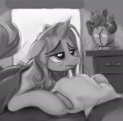 Size: 3000x2946 | Tagged: safe, artist:gsphere, derpibooru import, trixie, bear, pony, unicorn, ursa, ursa minor, g4, alarm clock, bed, blanket, clock, dresser, ears, female, floppy ears, horn, mare, messy mane, monochrome, morning ponies, pillow, sleepy, sunlight, waking up, window