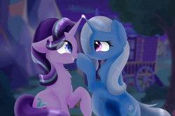 Size: 6700x4440 | Tagged: safe, artist:enviaart, derpibooru import, starlight glimmer, trixie, pony, unicorn, g4, blushing, boop, cute, diatrixes, female, glimmerbetes, horn, horns are touching, lesbian, mare, romantic, shipping, startrix, trixie's wagon, wagon