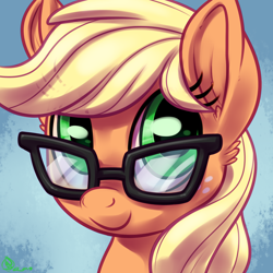 Size: 1800x1800 | Tagged: safe, artist:whitediamonds, derpibooru import, applejack, earth pony, pony, g4, adorkable, bust, cute, dork, ear fluff, ears, female, freckles, glasses, jackabetes, looking at you, mare, meganekko, portrait, signature, smiling, smiling at you, solo