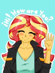 Size: 1500x2000 | Tagged: safe, artist:albertbm, derpibooru import, sunset shimmer, equestria girls, g4, blue background, blushing, bust, cute, eyes closed, female, hi, looking at you, shimmerbetes, simple background, smiling, smiling at you, solo, wave