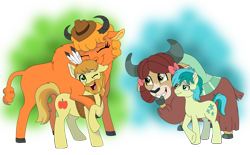 Size: 15000x9275 | Tagged: safe, artist:liv-and-b-merry, derpibooru import, braeburn, little strongheart, sandbar, yona, buffalo, earth pony, pony, yak, g4, the last problem, beard, bison, bovine, bow, cloven hooves, counterparts, cowboy hat, equine, eyes closed, facial hair, feather, female, hair bow, hat, headdress, interspecies, larger female, male, monkey swings, my little pony: friendship is magic, older, older braeburn, older little strongheart, one eye closed, ship:braeheart, ship:yonabar, shipping, simple background, size difference, smiling, stallion, straight, transparent background, vector