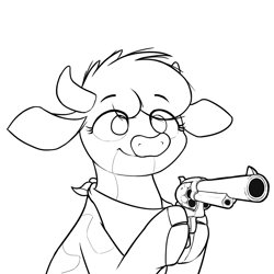 Size: 1263x1263 | Tagged: safe, artist:ljdamz1119, derpibooru import, arizona cow, cow, them's fightin' herds, bandana, clothes, cloven hooves, community related, delet this, female, gun, handgun, hoof hold, monochrome, revolver, scarf, simple background, solo, weapon, white background