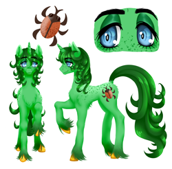 Size: 5590x5496 | Tagged: safe, artist:mosssong, derpibooru import, oc, oc only, oc:doodlebug, beetle, insect, pony, unicorn, blue eyes, butt fluff, chest fluff, coat markings, colored hooves, cutie mark, dappled, freckles, front view, green coat, green mane, hooves, horn, lanky, leg fluff, lineless, long fetlocks, looking at you, male, ponysona, raised hoof, raised leg, reference sheet, shoulder fluff, side view, simple background, skinny, solo, stallion, tall, thin, unshorn fetlocks, white background