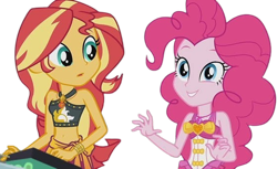 Size: 4107x2520 | Tagged: safe, derpibooru import, edit, edited screencap, editor:mrtoonlover83, screencap, pinkie pie, sunset shimmer, human, better together, equestria girls, g4, x marks the spot, background removed, bare shoulders, belly, belly button, clothes, diamond, duo, duo female, female, geode of empathy, geode of sugar bombs, jewelry, leather, leather bikini, magical geodes, midriff, necklace, needs more jpeg, not a vector, one-piece swimsuit, pinkie pie swimsuit, sarong, simple background, skirt, sleeveless, studs, swimsuit, teenager, transparent background, young adult