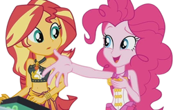 Size: 3938x2520 | Tagged: safe, derpibooru import, edit, edited screencap, editor:mrtoonlover83, screencap, pinkie pie, sunset shimmer, human, equestria girls, g4, background removed, bare shoulders, belly, belly button, clothes, duo, duo female, female, needs more jpeg, not a vector, one-piece swimsuit, pinkie pie swimsuit, sarong, simple background, sleeveless, swimsuit, transparent background