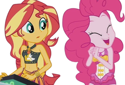 Size: 3678x2520 | Tagged: safe, derpibooru import, edit, edited screencap, editor:mrtoonlover83, screencap, pinkie pie, sunset shimmer, human, better together, equestria girls, g4, x marks the spot, background removed, belly, belly button, clothes, duo, duo female, female, needs more jpeg, not a vector, one-piece swimsuit, pinkie pie swimsuit, sarong, simple background, swimsuit, transparent background