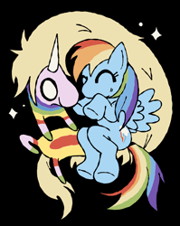 Size: 4711x5920 | Tagged: safe, artist:iluvrabbitz, derpibooru import, rainbow dash, pegasus, pony, g4, adventure time, black background, crossover, duo, duo female, eyes closed, female, horn, lady rainicorn, mare, rainicorn, simple background, sparkles, spread wings, tail, wings