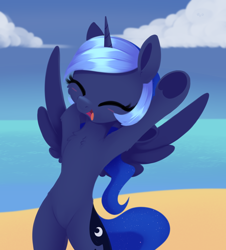 Size: 1806x1996 | Tagged: safe, artist:dusthiel, derpibooru import, princess luna, alicorn, pony, g4, armpits, beach, belly, bipedal, blushing, chest fluff, cloud, eyes closed, female, filly, foal, horn, ocean, open mouth, open smile, outdoors, sky, smiling, solo, spread wings, underhoof, water, wings, woona, younger