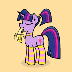 Size: 500x500 | Tagged: safe, artist:purblehoers, derpibooru import, twilight sparkle, unicorn twilight, pony, unicorn, g4, banana, choker, clothes, eating, eyes closed, food, herbivore, horn, ponytail, simple background, socks, solo, striped socks, tongue, tongue out, yellow background