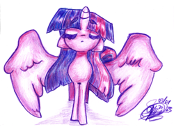 Size: 8484x6192 | Tagged: safe, artist:mannybcadavera, derpibooru import, twilight sparkle, twilight sparkle (alicorn), alicorn, pony, g4, absurd file size, absurd resolution, colored pencil drawing, ears, eyebrows, eyebrows visible through hair, eyes closed, female, floppy ears, large wings, mare, partially open wings, simple background, solo, traditional art, white background, wings