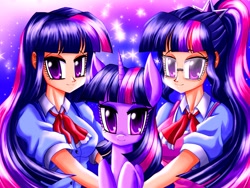 Size: 2981x2237 | Tagged: safe, artist:starystory, derpibooru import, sci-twi, twilight sparkle, human, pony, equestria girls, g4, human ponidox, paradox, self paradox, self ponidox, threelight sparkles