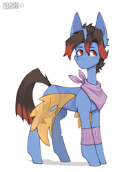 Size: 1607x2048 | Tagged: safe, artist:crashbrush, derpibooru import, oc, oc only, oc:key ti, changeling, pony, accessory, bandana, clothes, commission, ear fluff, ears, freckles, horn, simple background, solo, two toned mane, white background, wings, wristband, yellow wings