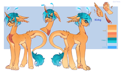 Size: 3440x2032 | Tagged: safe, artist:kirby_orange, derpibooru import, oc, oc only, hybrid, pony, unicorn, aqua eyes, aqua hair, butt, chest fluff, ear fluff, ears, floppy ears, glasses, hooves, horn, leonine tail, long legs, long tail, paws, plot, reference sheet, scales, scalie, solo, tail, tongue, tongue out, underpaw, unicorn oc, wing ears, wings