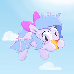 Size: 3000x3000 | Tagged: safe, artist:algoatall, derpibooru import, oc, oc only, oc:lucky roll, bat pony, bat pony oc, bat wings, biting, bow, cloud, cute, female, filly, flying, foal, food, mango, sky, solo, wings, younger