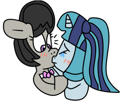 Size: 1000x800 | Tagged: safe, artist:jadeharmony, derpibooru import, octavia melody, sonata dusk, earth pony, pony, unicorn, blushing, bowtie, crying, cute, duo, duo female, ears, eyes closed, female, floppy ears, horn, kissing, lesbian, mare, ponified, shipping, sonatabetes, sontavia, species swap, surprise kiss, unicorn sonata dusk