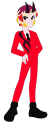 Size: 706x1730 | Tagged: safe, artist:robertsonskywa1, derpibooru import, oc, oc only, oc:starbreaker firewalker, demon, human, equestria girls, g4, clothes, formal wear, hand on hip, hazbin hotel, horns, male, multicolored hair, photo, simple background, solo, solo male, transparent background, vitiligo