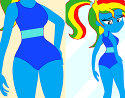 Size: 2854x2233 | Tagged: safe, artist:darkplayerferraz269, artist:shieldwingarmorofgod, derpibooru import, oc, oc only, oc:royal strength, equestria girls, g4, ass, blue skin, breasts, butt, clothes, female, midriff, mirror, one-piece swimsuit, ponytail, solo, swimsuit