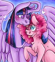 Size: 1700x1905 | Tagged: safe, artist:ruusukultakruunu, derpibooru import, pinkie pie, twilight sparkle, twilight sparkle (alicorn), alicorn, earth pony, pony, g4, blush lines, blushing, chest fluff, curved horn, duo, duo female, female, heart, heart eyes, horn, lesbian, looking at each other, looking at someone, one eye closed, raised hoof, raised leg, shipping, spread wings, tongue, tongue out, twinkie, wingding eyes, wings