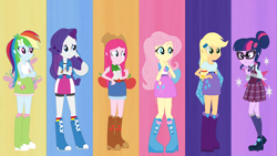 Size: 1280x720 | Tagged: safe, artist:selenaede, artist:sidneysixx, artist:theorybrony, derpibooru import, applejack, fluttershy, pinkie pie, rainbow dash, rarity, sci-twi, twilight sparkle, human, equestria girls, g4, magical mystery cure, alternate hairstyle, applejack's hat, base used, boots, clothes, clothes swap, cowboy hat, crystal prep academy uniform, equestria girls interpretation, female, glasses, hat, high heel boots, humane five, humane six, magical mystery cure 12th anniversary, my little pony: friendship is magic, rainbow socks, scene interpretation, school uniform, shoes, skirt, socks, striped socks, tanktop, what my cutie mark is telling me