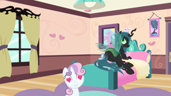 Size: 3500x1960 | Tagged: artist needed, safe, anonymous artist, artist:drewklettke, artist:gloominosity, artist:sunran80, derpibooru import, queen chrysalis, sweetie belle, changeling, changeling queen, pony, unicorn, bed, bedroom, bugbutt, butt, chrysa-belle, crack shipping, cute, cutealis, dialogue in the description, diasweetes, duo, eyeshadow, female, filly, foal, grin, heart, heart eyes, horn, lesbian, looking at each other, looking at someone, looking back, lying down, makeup, on bed, shipping, smiling, smiling at each other, stupid sexy chrysalis, sultry pose, tail hanging, this will end in hugs, this will end in kisses, this will end in love, want it need it, wingding eyes