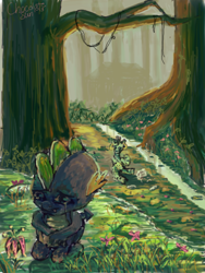 Size: 1500x2000 | Tagged: safe, artist:chocolatesun, derpibooru import, spike, zecora, dragon, zebra, g4, crying, everfree forest, female, forest, male, nature, river, scenery, ship:spicora, shipping, straight, stream, tree, water