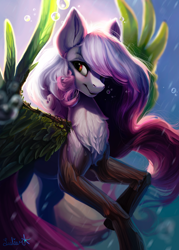 Size: 1500x2100 | Tagged: safe, artist:lulemt, derpibooru import, oc, oc only, original species, pegasus, plant pony, pony, bubble, chest fluff, commission, plant, solo, underwater, water