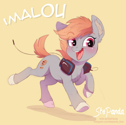 Size: 2781x2772 | Tagged: safe, artist:stepandy, derpibooru import, oc, oc only, oc:cookie malou, earth pony, pony, bipedal, blushing, ear fluff, ears, female, happy, headphones, high res, mare, open mouth, open smile, raised hoof, raised leg, simple background, smiling, solo, unshorn fetlocks