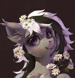 Size: 1929x2000 | Tagged: safe, artist:rvsd, derpibooru import, oc, oc only, oc:wafflejuice, bat pony, pony, bat pony oc, bouquet, bust, commission, daisy (flower), ear fluff, ear tufts, ears, fangs, female, flower, flower in hair, mare, smiling, solo