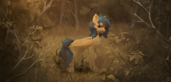 Size: 8400x4045 | Tagged: safe, artist:rvsd, derpibooru import, oc, oc only, pegasus, pony, clearing, concave belly, female, flower, flower in hair, forest, mare, nature, outdoors, partially open wings, pegasus oc, solo, tree, wings