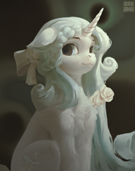 Size: 3000x3805 | Tagged: safe, artist:rvsd, derpibooru import, oc, oc only, pony, unicorn, abstract background, chest fluff, commission, cute, ears, female, floppy ears, flower, flower in hair, fluffy, horn, mare, signature, sitting, smiling, solo