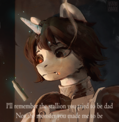 Size: 1967x2024 | Tagged: safe, artist:rvsd, derpibooru import, oc, oc only, pony, unicorn, fallout equestria, amputee, armor, bullet casing, bust, caption, cigarette, horn, levitation, magic, male, prosthetic eye, prosthetics, solo, stallion, telekinesis, text