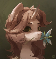 Size: 1897x2001 | Tagged: safe, artist:rvsd, derpibooru import, oc, oc only, pony, unicorn, bust, commission, female, flower, flower in mouth, gradient background, horn, looking at you, mare, mouth hold, smiling, smiling at you, solo