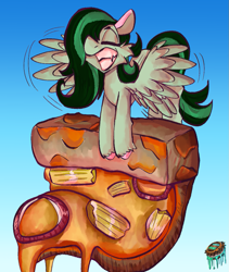 Size: 911x1080 | Tagged: safe, artist:quantumsmores, derpibooru import, oc, oc only, oc:eden shallowleaf, pegasus, pony, commission, food, gradient background, pizza, solo, ych result