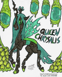 Size: 3257x4067 | Tagged: safe, artist:artistnjc, derpibooru import, queen chrysalis, changeling, changeling queen, g4, antagonist, changeling egg, character name, claws, cocoon, colored, concave belly, imprisoned, looking at you, raised leg, sharp teeth, signature, simple background, slime, smiling, smiling at you, solo, teeth, thin, traditional art