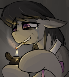 Size: 746x835 | Tagged: safe, artist:candel, derpibooru import, octavia melody, earth pony, pony, g4, cigarette, collar, crying, female, lighter, mare, messy mane, redraw, sad, smiling, smoking, solo, tears of pain