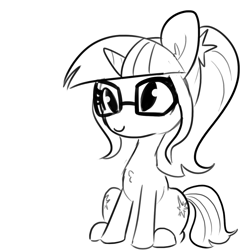 Size: 1296x1296 | Tagged: safe, artist:tjpones, derpibooru import, sci-twi, twilight sparkle, unicorn twilight, pony, unicorn, g4, both cutie marks, chest fluff, cute, equestria girls ponified, female, glasses, grayscale, horn, mare, monochrome, ponified, sci-twiabetes, simple background, sitting, smiling, solo, species swap, twiabetes, unicorn sci-twi, white background