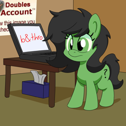 Size: 900x900 | Tagged: safe, artist:unitxxvii, derpibooru import, oc, oc only, oc:anon filly, earth pony, pony, computer, female, filly, foal, frown, indoors, laptop computer, solo, tissue box