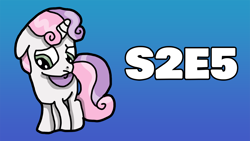 Size: 1280x720 | Tagged: safe, artist:chaosmilo, derpibooru import, sweetie belle, pony, unicorn, g4, sisterhooves social, blue background, gradient background, green eyes, horn, my little pony: friendship is magic, simple background, solo, text