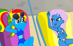 Size: 3505x2216 | Tagged: safe, artist:shieldwingarmorofgod, artist:yaya54320bases, derpibooru import, oc, oc only, oc:radiant rail, oc:royal strength, human, better together, equestria girls, g4, lost and found, beach chair, belly, belly button, bikini, blue skin, chair, clothes, duo, duo female, female, one-piece swimsuit, outdoors, ponytail, summer, sunbathing, sunglasses, swimsuit