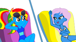 Size: 1996x1116 | Tagged: safe, artist:shieldwingarmorofgod, artist:yaya54320bases, derpibooru import, oc, oc only, oc:radiant rail, oc:royal strength, human, better together, equestria girls, g4, lost and found, beach chair, belly, belly button, bikini, blue skin, chair, clothes, duo, duo female, female, one-piece swimsuit, ponytail, simple background, summer, sunbathing, sunglasses, swimsuit, transparent background