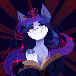 Size: 2080x2080 | Tagged: safe, artist:danvo, derpibooru import, oc, oc only, pony, unicorn, abstract background, book, dark magic, digital art, dithering, female, horn, looking at you, magic, pixel art, scar, solo, sparkles