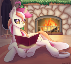 Size: 2500x2229 | Tagged: safe, artist:maravor, derpibooru import, oc, oc only, pony, unicorn, black sclera, book, female, fire, fireplace, horn, indoors, lying down, magic, mare, prone, solo, starry eyes, wingding eyes