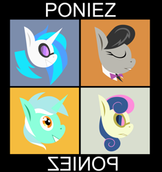 Size: 3000x3173 | Tagged: safe, artist:sollace, derpibooru exclusive, derpibooru import, bon bon, dj pon-3, lyra heartstrings, octavia melody, sweetie drops, vinyl scratch, earth pony, unicorn, g4, abstract, album cover, album parody, demon days, gorillaz, horn, parody, text, vector