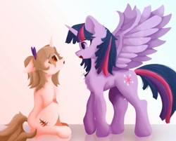 Size: 1024x825 | Tagged: safe, derpibooru import, twilight sparkle, twilight sparkle (alicorn), oc, alicorn, pony, unicorn, g4, concave belly, happy, horn, looking at each other, looking at someone, open mouth, smiling, spread wings, surprised, wings